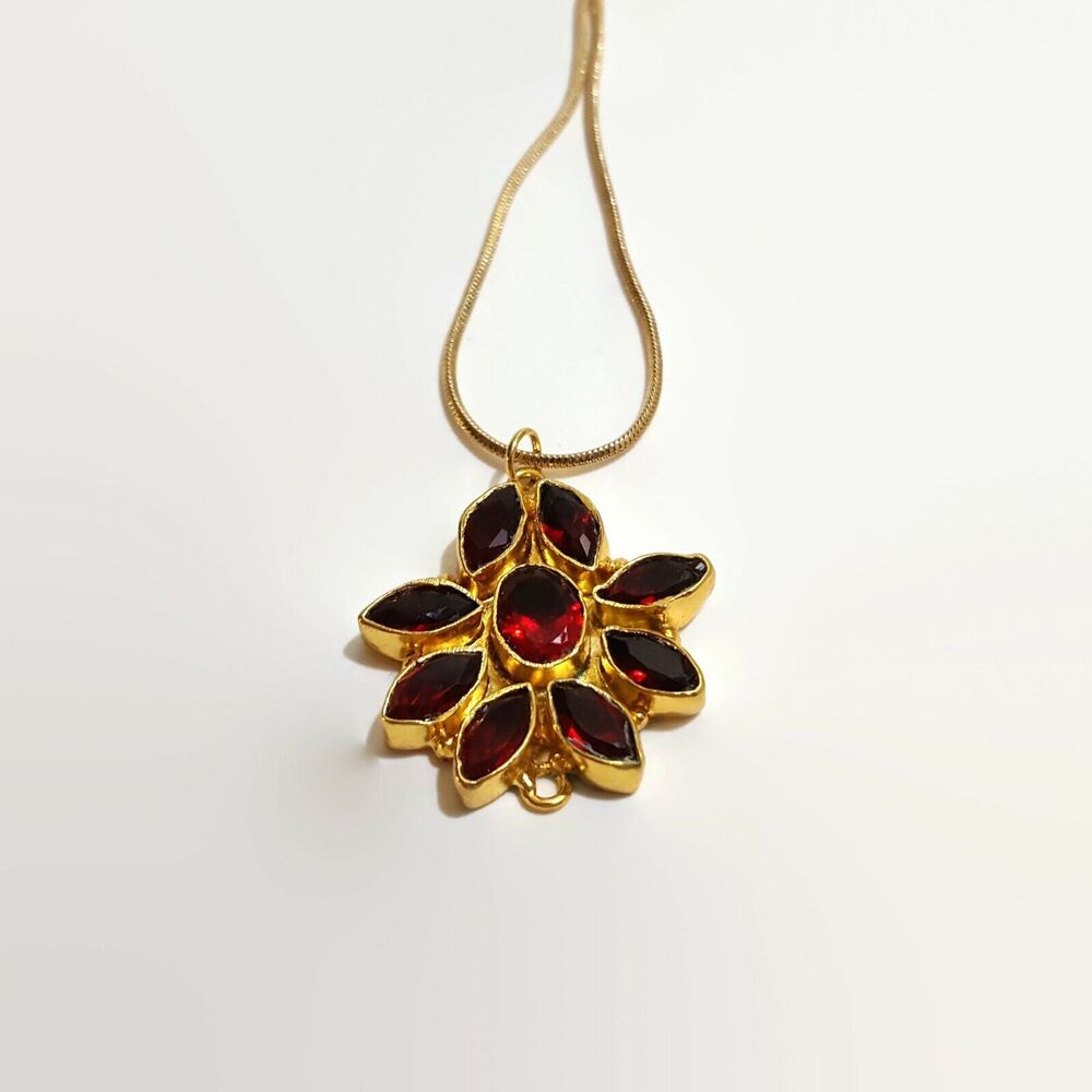 Bezel Set Deep Red Glass Stone Gold Tone Necklace